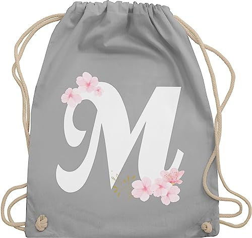 Turnbeutel Rucksack - Geschenk Initialen - Tasche - Buchstabe M mit Kirschblüten - Unisize - Hellgrau - buchstaben anfangsbuchstabe und blumen beutel name gymsack anfangsbuchstaben stoffbeutel