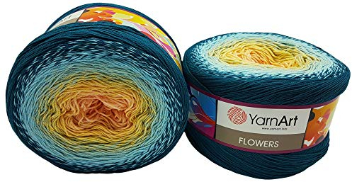 YarnArt Flowers 500 Gramm Bobbel Wolle Farbverlauf, 55% Baumwolle, Bobble Strickwolle Mehrfarbig (grün gelb apricot 270)
