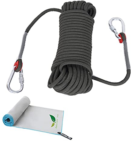 Cuerda de Escalada y Rescate 1200kg, 20M(D10mm)- Incluye 2 Mosquetones Seguros + Toalla de Secado Rápido (40x80cm) - Nylon Resistente para Montañismo, Camping, Barranquismo, Senderismo