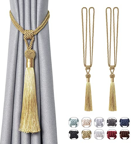 Pretty Jolly Langen Quasten Vorhang-Raffhalter Handmade geflochtene Seil Knoten drapierte Raffhalter Elegante dekorative Vorhanghalter für Zuhause und Büro, Gold, 2 Stück