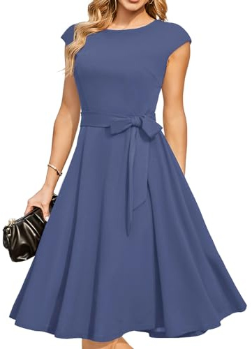 DRESSTELLS Robe Cocktail Mariage Vintage Robe Casual Femme Robe de Soiree Femme Robe baptême col Rond Manches Courtes Gris-Bleu S