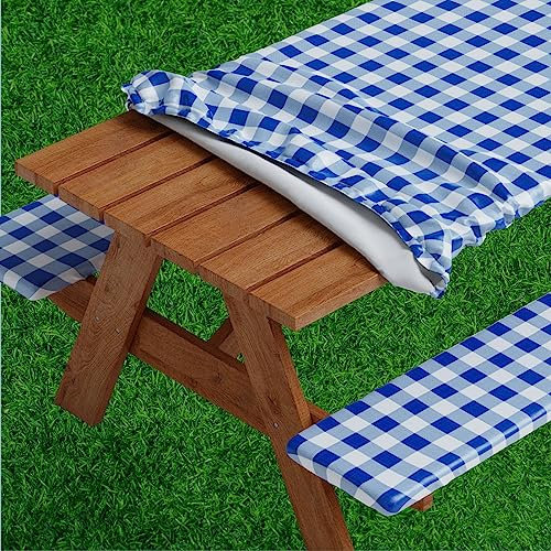 Sorfey Picknicktischabdeckung mit Bänken, elastisch, Vinyl mit Flanell-Rückseite, passend für rechteckige Tische, 76,2 x 152,4 cm, wasserdicht, leicht zu reinigen, Kariertes blaues Design