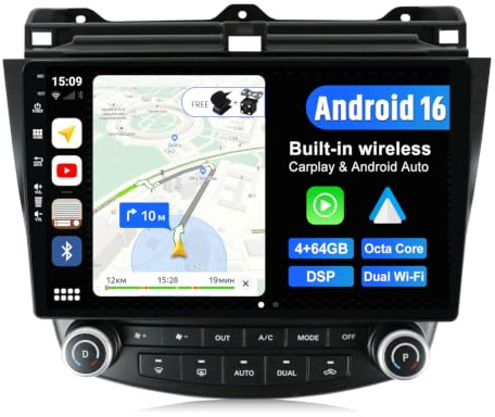 Joyx Android 15 Car Radio Fits Honda Accord 7th (2002-2007) - 4G + 64G - Built-in DSP/Carplay/Android Car - Camera MIC Included - With SWC WiFi BT5.0 4G DAB 360 Camera Fast-Boat - 2 DIN 10.1 Inch
