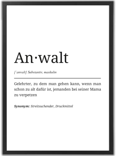 tradercat Anwalt Poster, Definition Kunstdruck mit Humor, Wandbild Geschenk für Juristen, Büro Deko, Schwarzer Rahmen, A3, Perfekt für Anwaltskanzlei