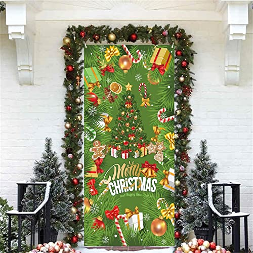 Weihnachtsdeko Tür Banner Outdoor, Grün Weihnachten Baum Hintergrund Banner mit Geschenkboxen Zuckerstange Weihnachten deko Türbanner Schild für Outdoor Haus Silvester Party Dekoration, 90 x 185 cm