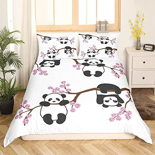 Bettwäsche-Set, Panda, niedlich, für Mädchen, Jungen, Kinder, Cartoon, Riesen, Bettwäsche, Kirschblüten, Bettbezug für Verliebte, Tier, Bettbezug 140 x 200 cm