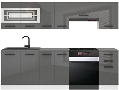 Belini Küchenzeile Küchenblock Lily - Küchenmöbel 240 cm Einbauküche Vollausstattung ohne Elektrogeräten mit Hängeschränke und Unterschränke, ohne Arbeitsplatten, Silber Hochglanz