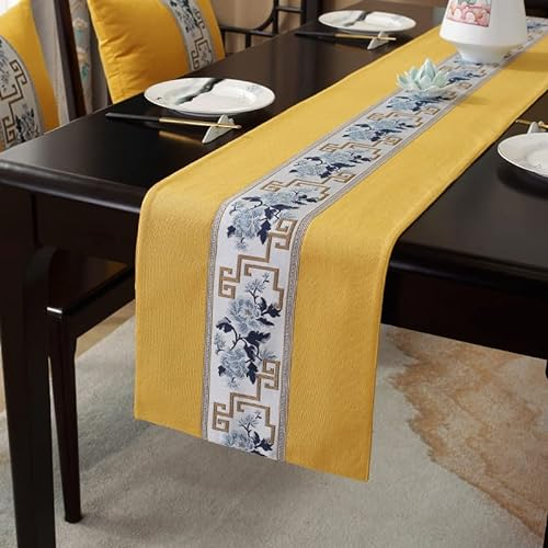 Vintage Tischläufer, Tischläufer Baumwolle Natur Gelb Blumen für Party, Kommode und Esszimmer 100X33cm