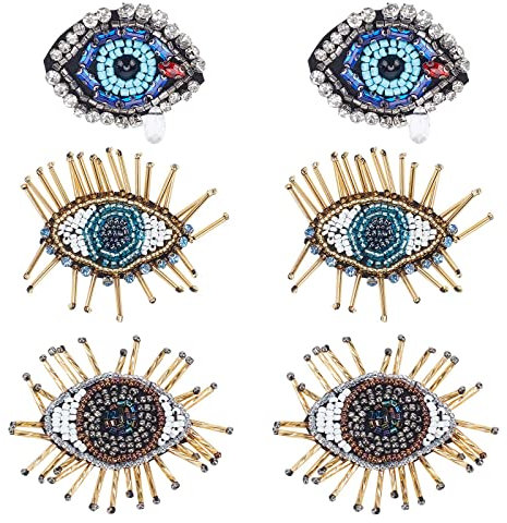 WEBEEDY 6 Stück Perlen Strass Patches Evil Eye Pailletten Perlen Applikationen Stoffapplikation Aufbügler für Jeans, Jacken, Kleidung, Scrapbooking, Handtaschen, Schuhe