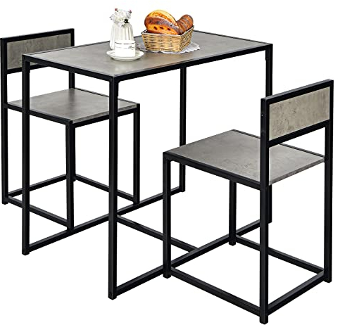 HOMASIS 3-Teilige Essgruppe, Bartisch Set mit 2 Barhockern, Kleiner Bistrotisch mit 2 Stühle, Sitzgruppe aus Holz & Metallgestell, Küchentisch im Industriedesign für Küche & Esszimmer (Grau)