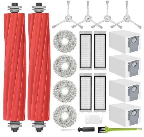 RUKHOOL Accessoire pour Roborock Q Revo Aspirateur Robot Pièces de Rechange, 4 Sacs à Poussière, 2 Brosses Principales 4 Filtres, 4 Brosses Latérales, 4 Serpillières Chiffon