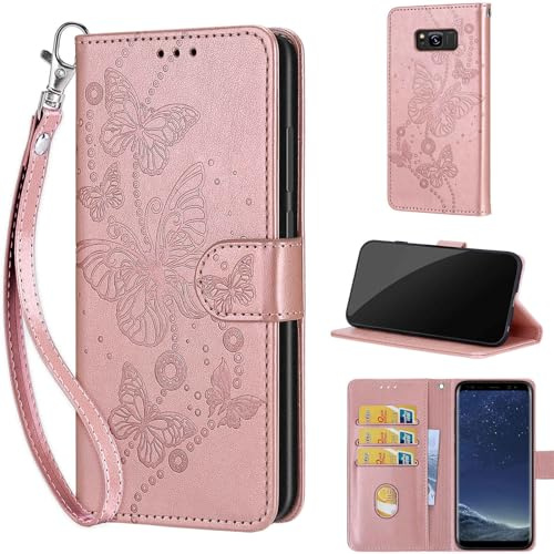 Wallet for Samsung Galaxy S8 Case, Rose Gold Butterfly | Embossed PU Leather, Folio Flip Notebook Wallet, Magnet Closure, Kickstand, 3 Card Slots, Wrist Strap Lanyard
