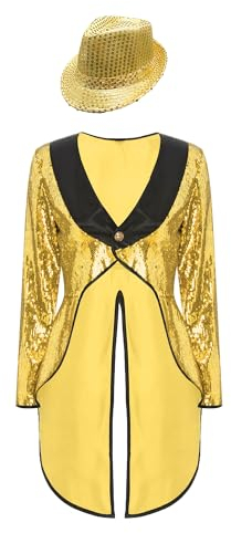 iiniim Damen Zirkus Kostüm Pailletten Jacke Frack Blazer Mantel mit Hut Halloween Kostüm Weihnachten Karneval Fasching Gold S