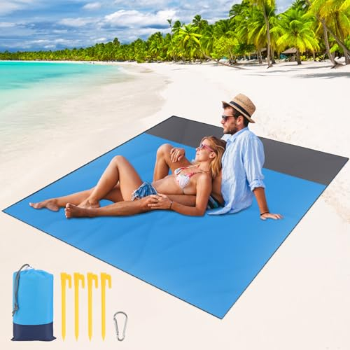 NVIYAM Stranddecke Super Groß 210cm x 200cm wasserdichte Strandmatte Campingdecke Outdoor Picknickdecke Stranddecke Sandfrei Tragbar und Wasserdicht Inkl Tasche, 4 Heringen, Karabiner - Blau