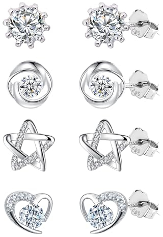 Lucktao 4 Paar ohrringe silber 925 Damen,Ohrringe,Hypoallergen Cubic Zirkonia Ohrstecker Set,herz ohrringe silber 925,stern ohrringe,Ohrringe Simulated Diamond Silber,Sleeper Knorpel Ohrstecker.