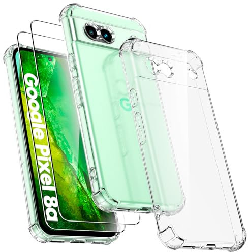Ikziwreo - Coque pour Google Pixel 8a avec 2 Pièces Verre Trempé, Housse Etui en Transparent Silicone TPU Souple [Bumper avec Coins Renforcés], Protection Antichoc Claire