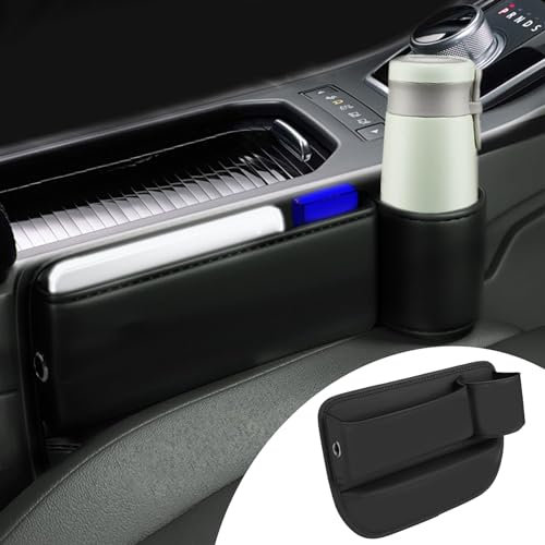 PACLVIO Car Leather Cup Holder Gap Bag, Seat Gap Storage Box, Car Seat Gap Filler with Cup Holder, Car Interior Accessories Adjustable Car Seat Storage Box Universal for Phones Glasses Keys Cards