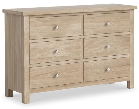 RoselandFurniture Farro Washed Oak Large Chest of Drawers Bedroom | Fully Assembled, 6 Drawer Wooden Storage, Solid Wood Finish, Coastal Farmhouse Style, H78cm W120cm D36cm