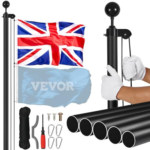 VEVOR 20FT Detachable Flagpole Kit, Heavy Duty Aluminum Alloy Flag Pole Kit in Ground for Outdoor, 3 Display Modes Flagpole with Professional Accessories, British Flag, Black