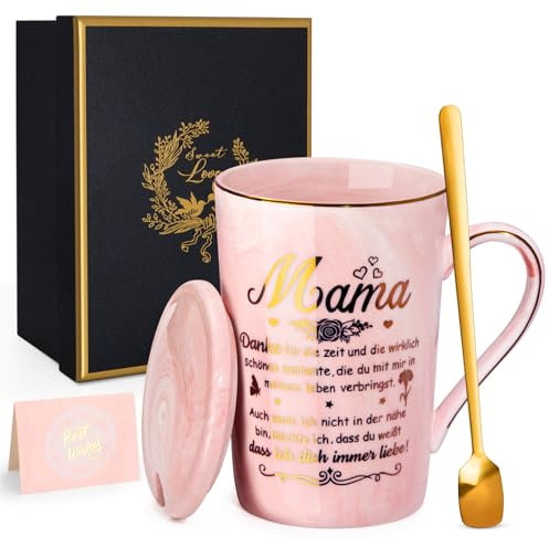 Geschenke für Mama - Geburtstagsgeschenk für Mama, Beste Mutter Tasse Geschenk Set, Danke Mutter, 14Oz Rosa Marmor Tasse mit Goldaufdruck, Deckel, Löffel, Grußkarte, Exklusive Geschenkbox