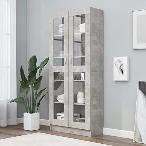 IKAYAA Armario Vitrina con 4 Compartimentos Vitrina de Cristal Vitrinas de salón Vitrinas de Exposición de Madera Contrachapada Aparador Comedor, Aparador Cocina Gris hormigón 82,5 x 30,5 x 185,5 cm