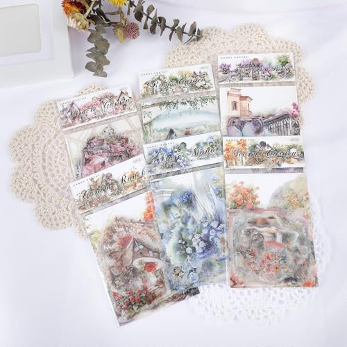 JIEYAO 180 Blätter Garten Landschaft Scrapbooking Stickers Set, PET Vintage Flowers Aufkleber Scrapbook Zubehör Blumen Aesthetic Scrapbook Sticker Junk Journal Zubehör für DIY Album Notizbuc Fotoalbum