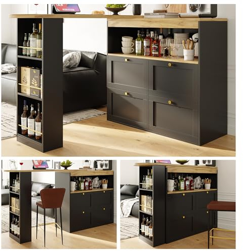 Zravenna Um 360° drehbare Bartisch Küche mit 4 Schubladen und offenen Regalen, Küchenschrank Kücheninsel für Esszimmer/Arbeitszimmer/Wohnzimmer, Schwarz, 138 cm–105 x 39 x 102 cm