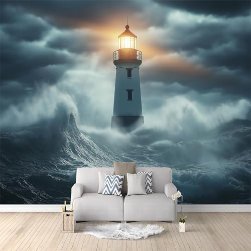 Fotografie Leuchtturm Wellen Art Fototapete 400 x 280 cm Blau Tapete Fototapeten Vlies Tapeten, Vliestapete Wandtapete Moderne Wand Schlafzimmer Wohnzimmer Wand Tapete