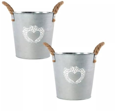 Fyne-Finds Silver Zinc Tin Pail Plant Pot Heart Print Planter With Rope Handles 18cm, 7inch Outdoor Home Garden Bucket (2)