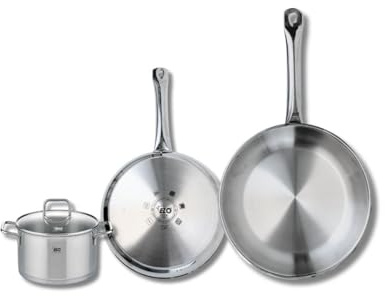 Elo Batterie de cuisine 2 poêles 24/28 cm et 1 faitout 14 cm | Cuisson précise sur induction, Lot de 3 pièces, Inox sans revêtement, 2 poêles 24 et 28 cm, Faitout 14 cm, Garantie 5 ans