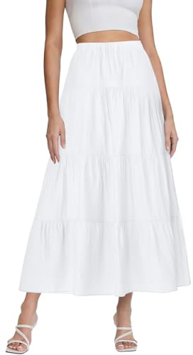 ATOFY Women's White Maxi Skirt Summer Boho Vacation Long Pleated A-Line Flowy Outfits Elastic High Waist Beach Tiered Skirts(White,Medium)