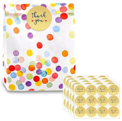 AMFUN 50 Pezzi Sacchettini Compleanno Bambini, Bustine Regalini Fine Festa Bambini, Sacchetti di Carta Resistente all'Olio con 60 Adesivis per Matrimoni, Natale, Feste, 19 * 13cm