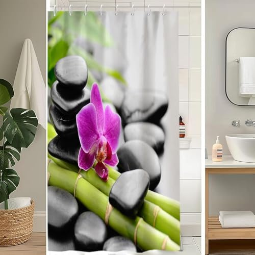 Uiiooazy Rideau Douche Bambou Vert Anti Moisissure 120x180cm Zen Orchidée | Rideau de Baignoire Spa Pierre Noir Fleuri Violet Japonais Tissu Lavable Imperméable Polyester avec 8 Crochets