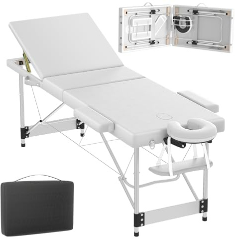 FIVMEN Massageliege Klappbar 3 Zonen Massagetisch Massagebett Höhenverstellbar mit Armlehnen & Gesichtskissen & Aufbewahrungstasche Aluminium Kosmetikliege Massagebank, Weiß
