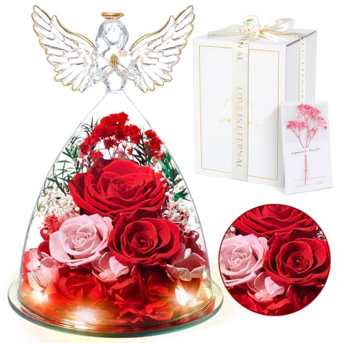 Ewige Rose Geschenke | Ewige Rose in Engel Glaskuppel mit Einer wunderschönen Geschenkbox | Konservierte Blumen Handgemachte Infinity Rose für Frauen Freundin Mutter zu Valentinstag Weihnachten, Rot