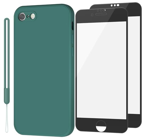 Meliya Coque pour iPhone SE 2022/2020/7/8 avec 2 Verre Trempé, Étui en Silicone avec Doublure en Microfibre Souple, Conception Spéciale de Bord Droit (Vert Foncé)