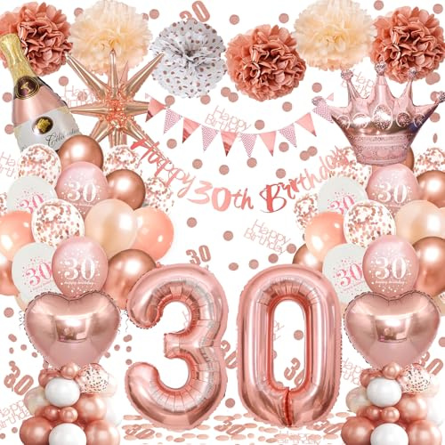 30th Birthday Balloons Rose Gold, Banner, Triangle Flag, 30th Birthday Decorations, Rose Gold Party Decorations Set, Latex, Heart, Crown And Numbers Balloons, Confetti, Paper Pom Poms
