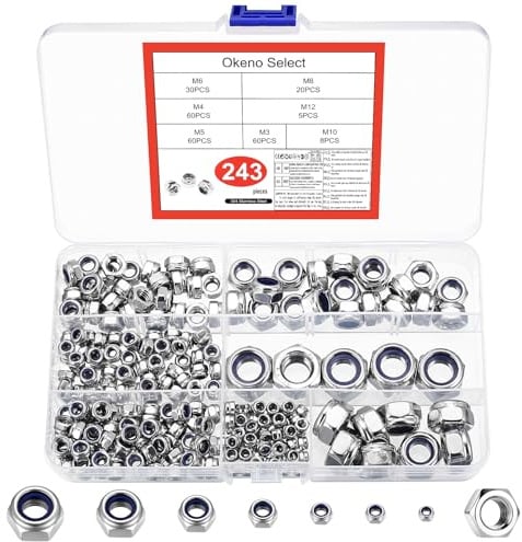 243 Stück Selbstsichernde Muttern Set, Edelstahl Sechskantmuttern, Nylon-Sortiment, Stopmuttern, Schraubenmuttern für Schrauben & Gewindeeinsätze M3 M4 M5 M6 M8 M10 M12