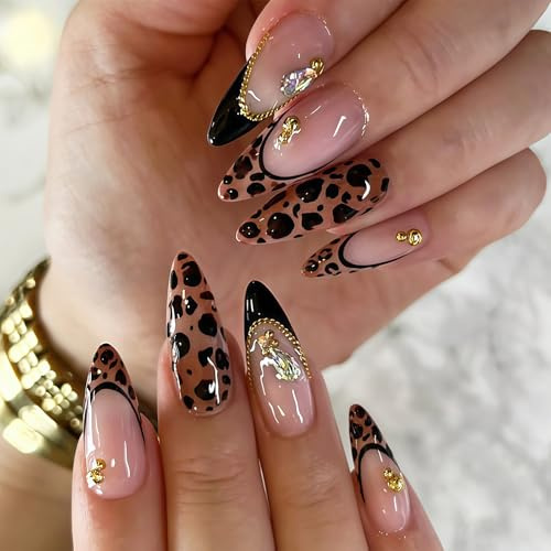 24Stk Leopard Press on Nails, Almond Fake Nails mit Charms, Press on Nails Winter für Frauen, Anfänger für Party, Hochzeit, DIY Maniküre (Mittel)