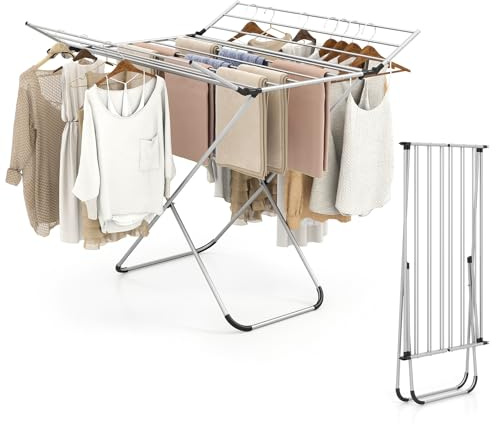 GIANTEX Foldable Clothes Drying Rack, Freestanding Aluminum Laundry Drying Rack with 2 Side Wings, Portable Space-Saving Clothing Airer for Indoor Outdoor Use