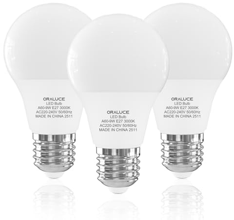 ORALUCE E27 Screw Bulb, 9W=60W, 900LM, Warm White 3000K, Pack of 3 | ES A60 LED Bulbs, Save Energy, Flicker-Free, Non-Dimmable, CRI 82, for Ceiling Lights, Table Lamps, Floor Lamps