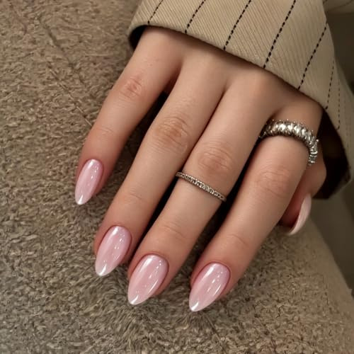 SXVME Chrome Press On Nails Short Almond, 30 Pcs Glazed Pale Pastel Pink False Nails With Shimmer Mirror Effect, Reusable Thick Quality, Donut Bling Fake Nails Press ons for Women Daily Wedding