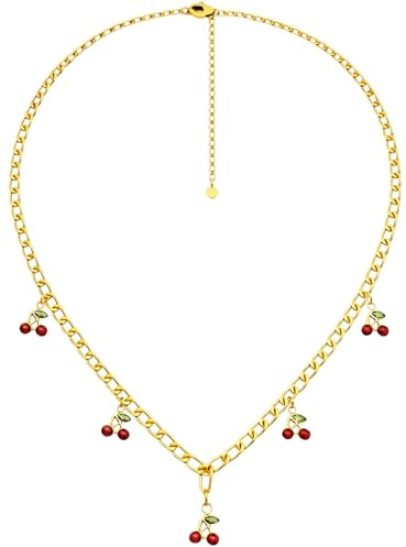 BS Schmuckdesign Halskette Damen | 18K vergoldet | Verspielte Figarokette mit Kirsch-Anhänger | Rote Zirkonia & grüne Akzente | 40 + 5 cm | Edelstahl hypoallergen & salzwasserfest