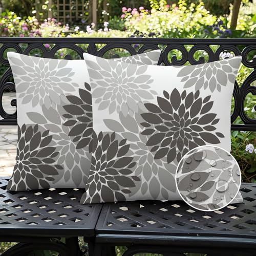 Ardjxue 2er Set Outdoor Kissenbezug 50x50 Schwarz Grau Kissenbezüge Dahlien Doppelseitig Sommer Sofakissen Deko wasserdichte Kissenhülle Moderne Dekorative für Sofa Schlafzimmer Wohnzimmer