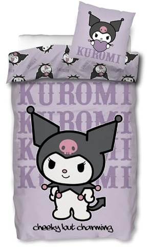 SkyBrands Kuromi Wende-Bettwäsche-Set Cheeky but Charming Bettbezug 135x200 Kissenbezug 80x80 deutsche Größe 100% Baumwolle Reißverschluss Mädchen-Bettzeug Hello Kitty & Friends