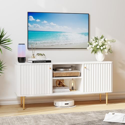 ZXLIHS Meuble TV 55 Pouces, Console TV en Bois cannelé avec Rangement 2 Portes, armoires Blanches pour téléviseur 55/60/65 Pouces, Tables TV pour Salon, Chambre à Coucher