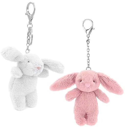 RQcMid 2 Stück Kuscheltier Anhänger, Schlüsselanhänger Hase, Plüsch Schlüsselanhänger, in Weiß und Rosa, 10 cm, Taschenanhänger Plüsch für Handtasche und Rucksack