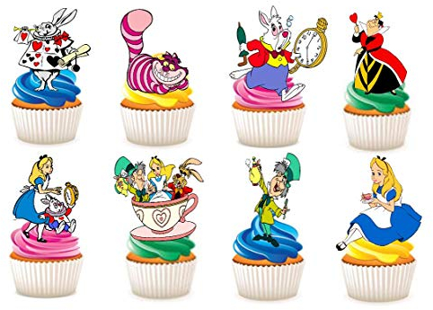 32 x Alice in Wonderland STAND UP Edible Paper Cupcake Toppers Cake Decorations