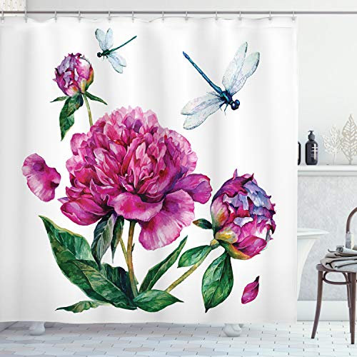 ABAKUHAUS Blume Duschvorhang, Pfingstrosen und Libellen, Stoffliches Gewebe Badezimmerdekorationsset mit Haken, 175 x 200 cm, Mehrfarbig