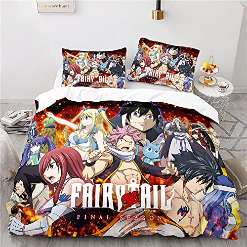 NICHIYOBI Fairy Tail Bettbezug Bettwäsche Set - Bettbezug und Kissenbezug,Mikrofaser,3D Digital Print dreiteiliger Bettwäsche (1,Single 135 * 200cm+80 * 80cm)